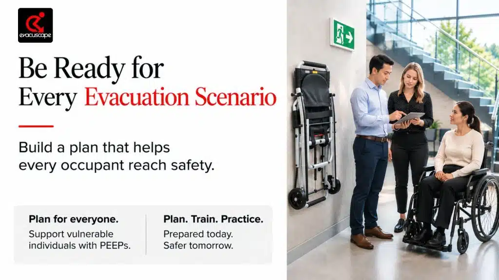 Employees reviewing an accessible emergency evacuation plan with a wheelchair user beside a wall-mounted evacuation chair near a building stairwell