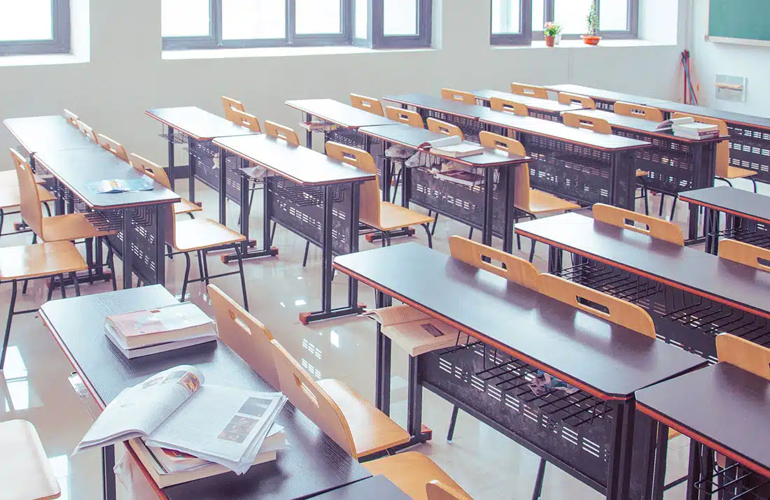 An empty classroom after the school has been evacuated
