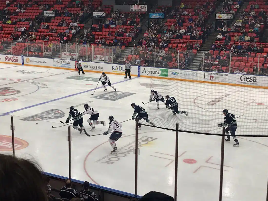 An ice hockey game. One team wears white, the other dark blue. There are rows of tiered seating with some fans watching; half of the seats are empty.