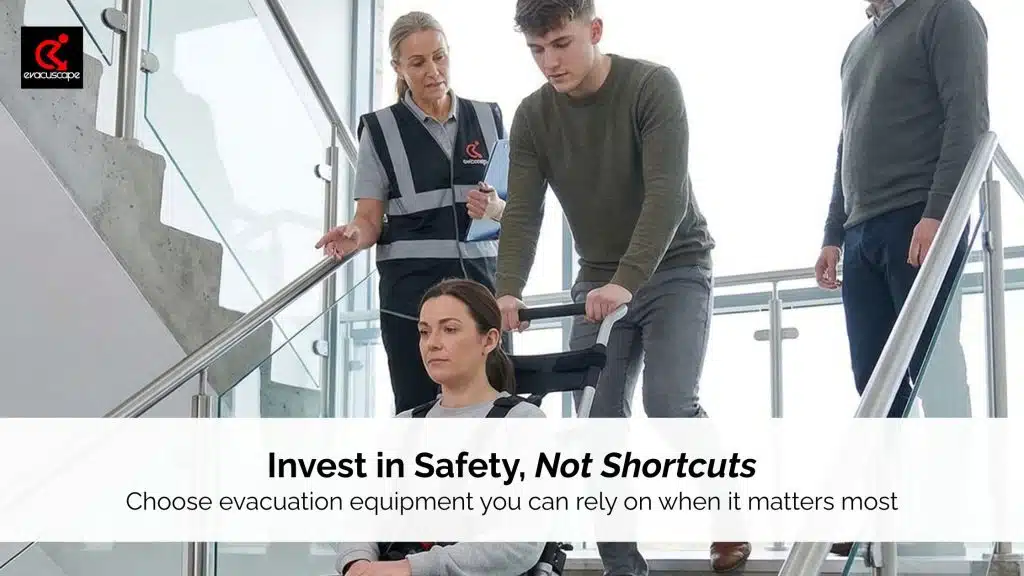 Emergency evacuation training scenario showing team assisting a seated woman down stairs using an Evacuscape evacuation chair in a modern building stairwell