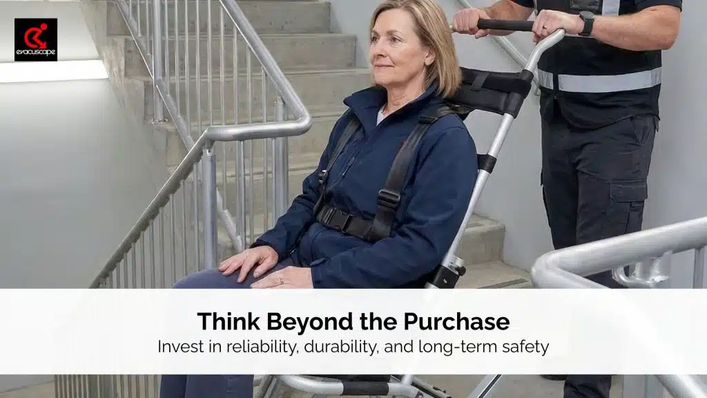 Woman securely seated in an Evacuscape evacuation chair being guided down a stairwell by an assistant, demonstrating safe and controlled emergency descent