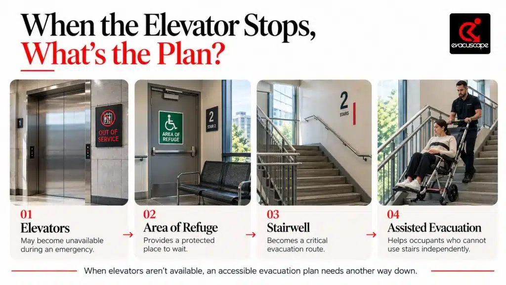 Accessible emergency evacuation infographic showing an unavailable elevator, area of refuge, stairwell evacuation route, and assisted evacuation chair for occupants who cannot use stairs independently