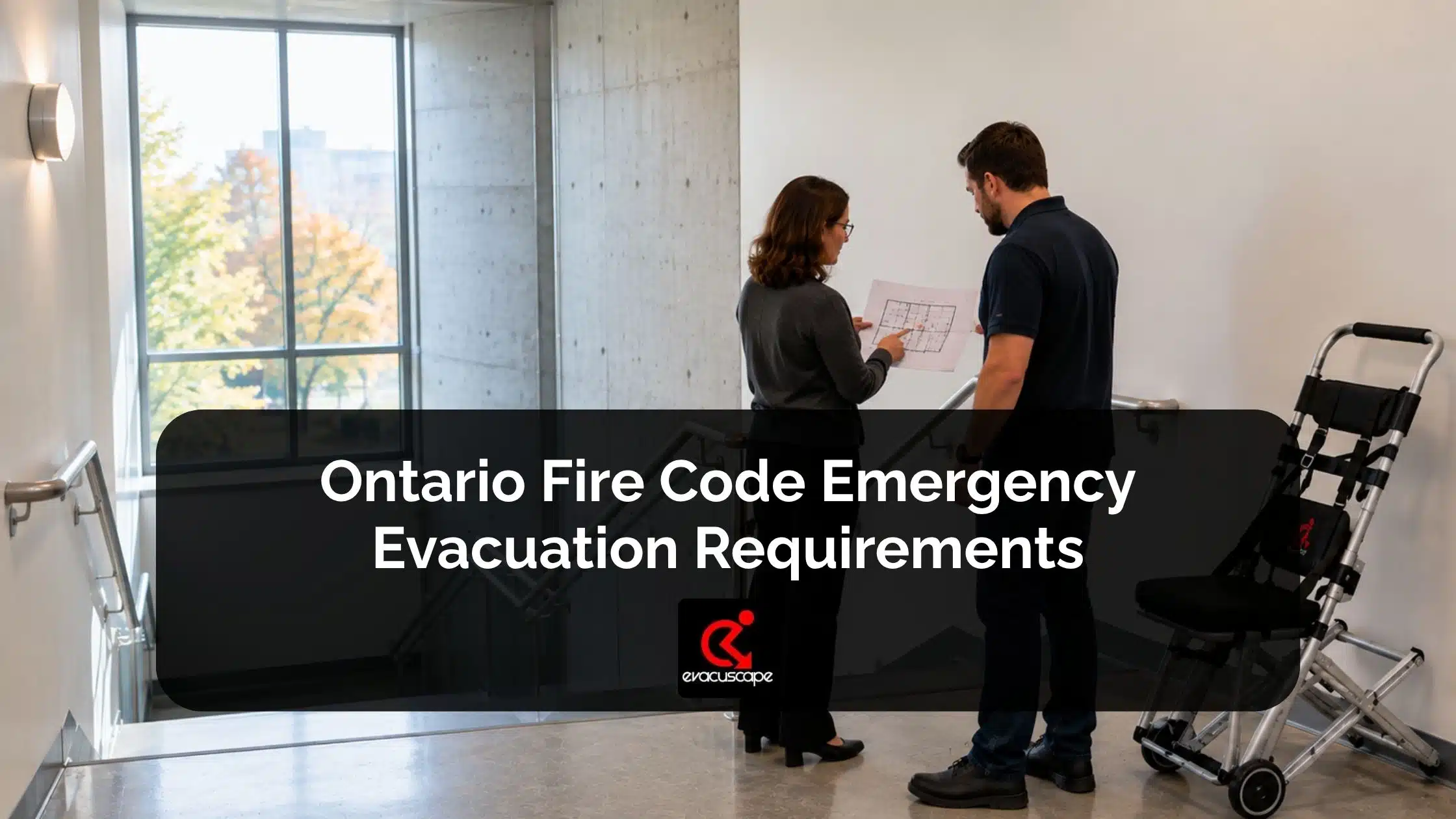 Facility manager and Evacuscape specialist reviewing an emergency evacuation plan beside an evacuation chair at a commercial building stairwell in Ontario.